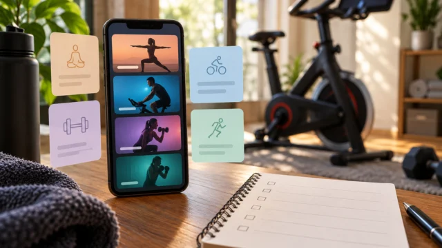 Confronto neutro di due applicazioni per attività indoor su telefono e quaderno.