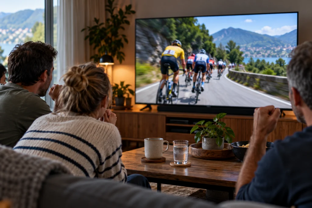Visione tranquilla di una corsa ciclistica astratta su un televisore senza quote o marchi.