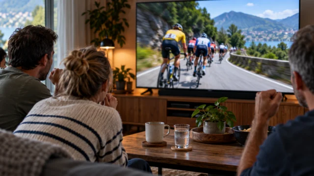 Visione tranquilla di una corsa ciclistica astratta su un televisore senza quote o marchi.