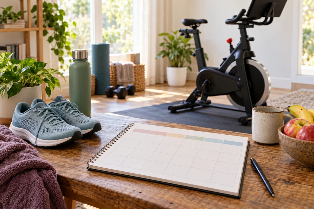 Calendario aperto con scarpe da cammino e una cyclette in ambiente domestico ordinato.