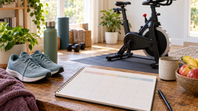 Calendario aperto con scarpe da cammino e una cyclette in ambiente domestico ordinato.