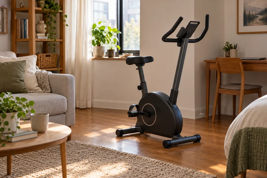 Cyclette compatta in un appartamento semplice con spazio libero per l’accesso.