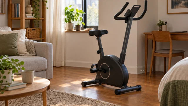 Cyclette compatta in un appartamento semplice con spazio libero per l’accesso.