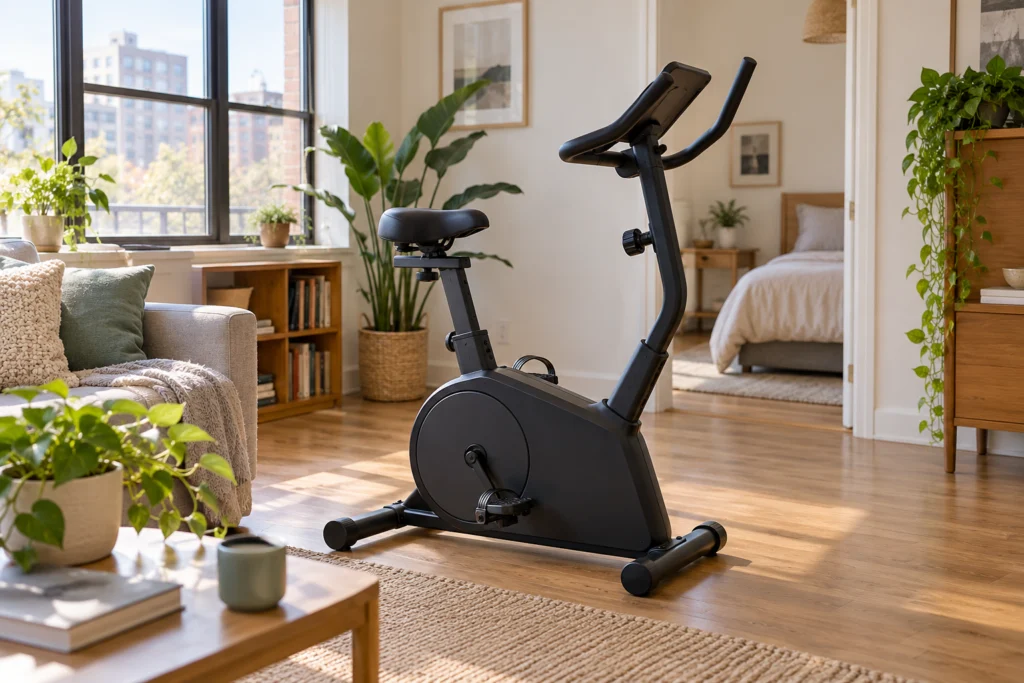 Cyclette domestica installata con spazio libero e appoggio ordinato in una stanza semplice.