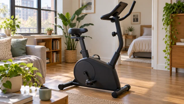 Cyclette domestica installata con spazio libero e appoggio ordinato in una stanza semplice.