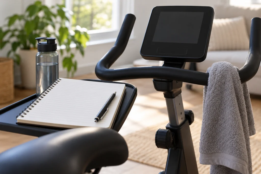 Quaderno di osservazioni accanto al display spento di una cyclette senza dati sanitari.