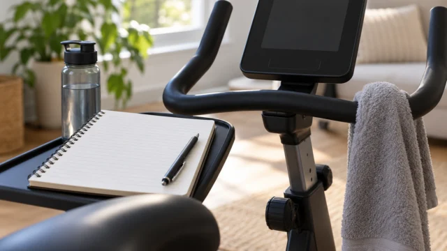 Quaderno di osservazioni accanto al display spento di una cyclette senza dati sanitari.