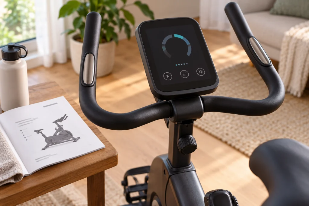 Display neutro di una cyclette con simboli astratti e manuale aperto, senza valori inventati.