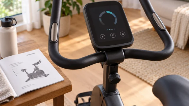 Display neutro di una cyclette con simboli astratti e manuale aperto, senza valori inventati.