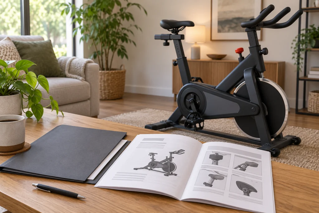 Manuale e documenti di un attrezzo indoor accanto a una cyclette neutra senza prezzi.