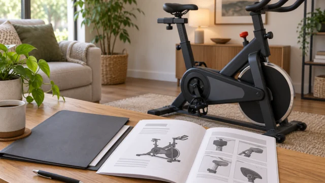 Manuale e documenti di un attrezzo indoor accanto a una cyclette neutra senza prezzi.