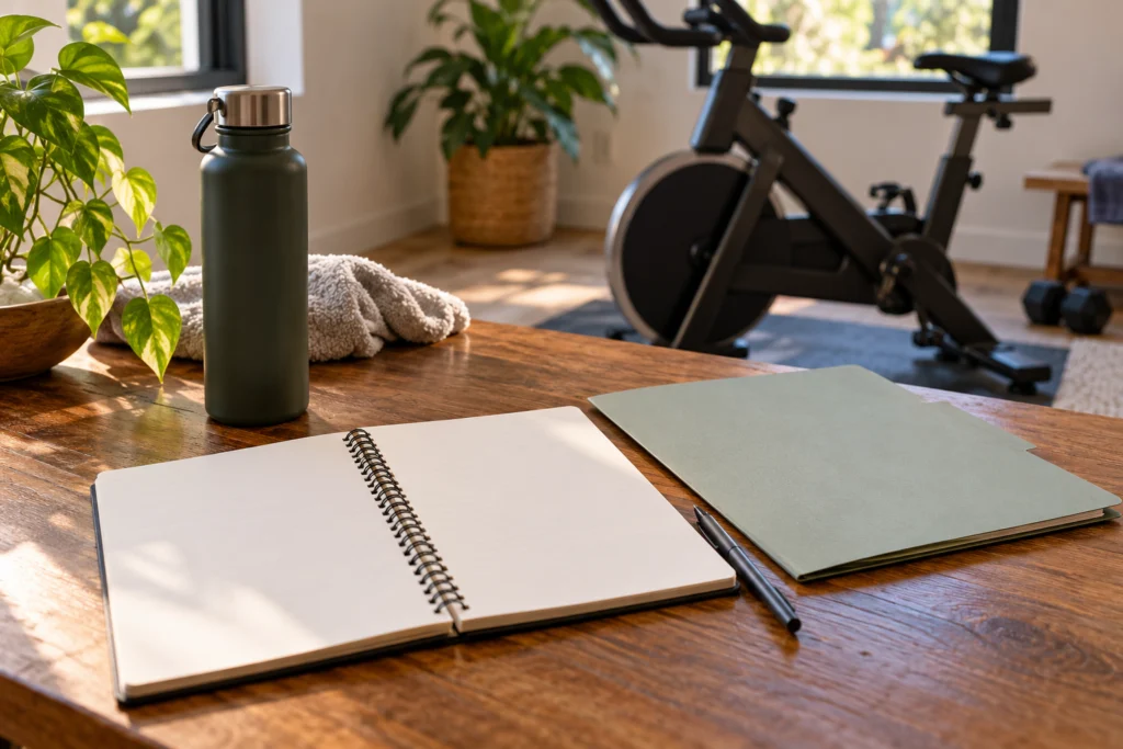 Preparazione di obiettivi personali con quaderno e attrezzo indoor neutro sullo sfondo.