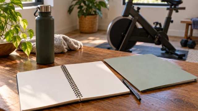Preparazione di obiettivi personali con quaderno e attrezzo indoor neutro sullo sfondo.