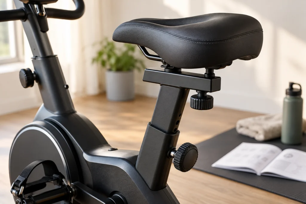 Dettaglio neutro di sella e manopole di una cyclette spenta con istruzioni accanto.