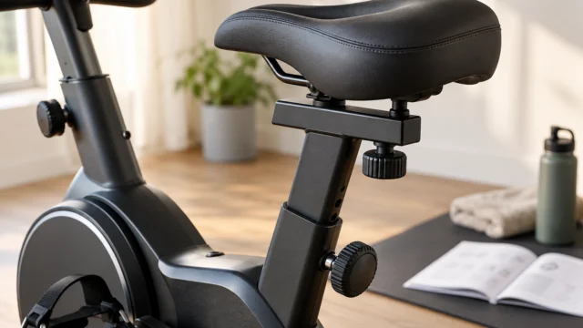 Dettaglio neutro di sella e manopole di una cyclette spenta con istruzioni accanto.