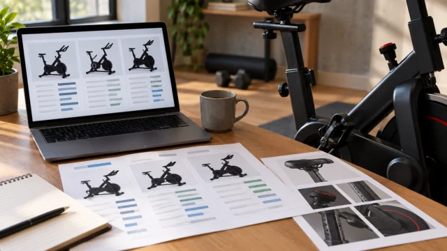 Scheda tecnica astratta e dettagli neutri di una cyclette senza valori inventati.
