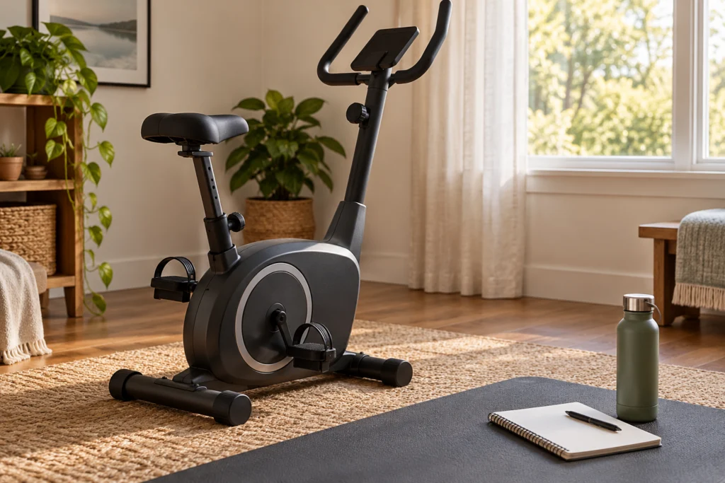 Cyclette pronta all’uso in un ambiente semplice con quaderno per una routine senza record.