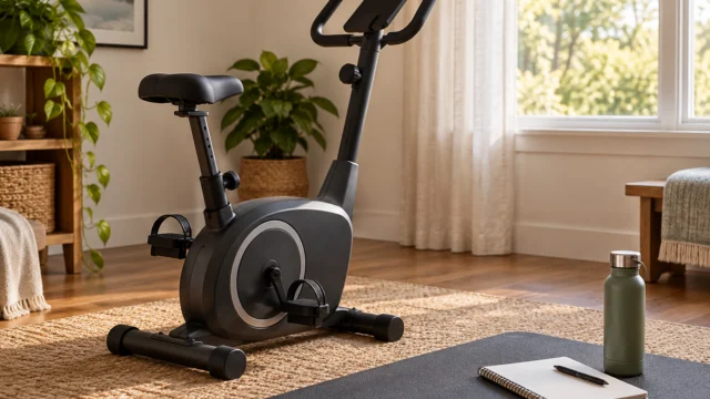 Cyclette pronta all’uso in un ambiente semplice con quaderno per una routine senza record.